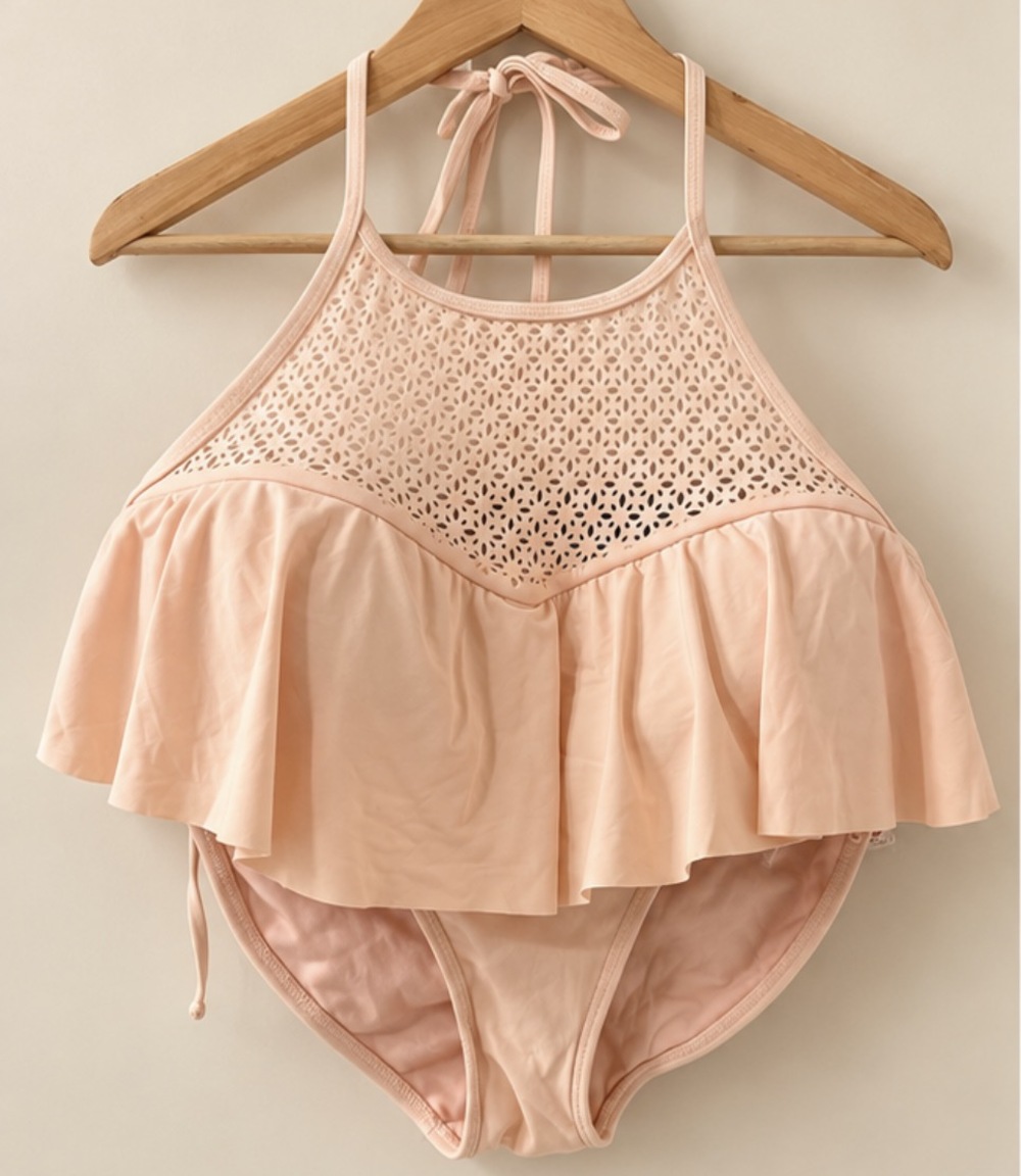 Xhilaration Women's Bikini Set Pink Peach Size XL Eyelet Ruffle Halter Swimsuit